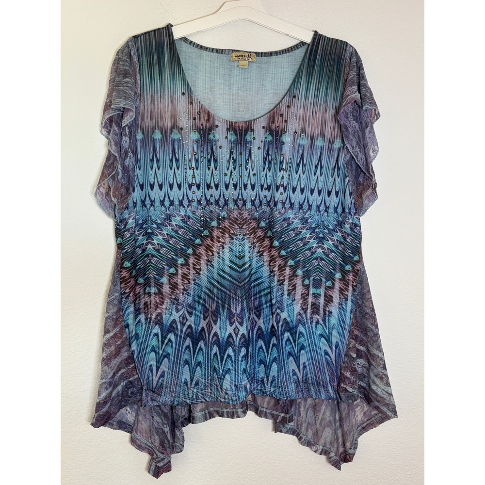 One World Live and Let Live Blue Purple Boho Studded Lace Sharkbite Tunic L